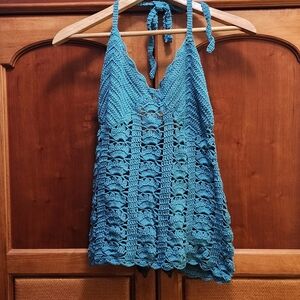 Elegant Teal Crochet Halter Swim Cover-Up